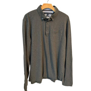 Tommy Hilfiger Polo Shirt Mens XL Gray Long Sleeve Collar Pocketed 100% Cotton